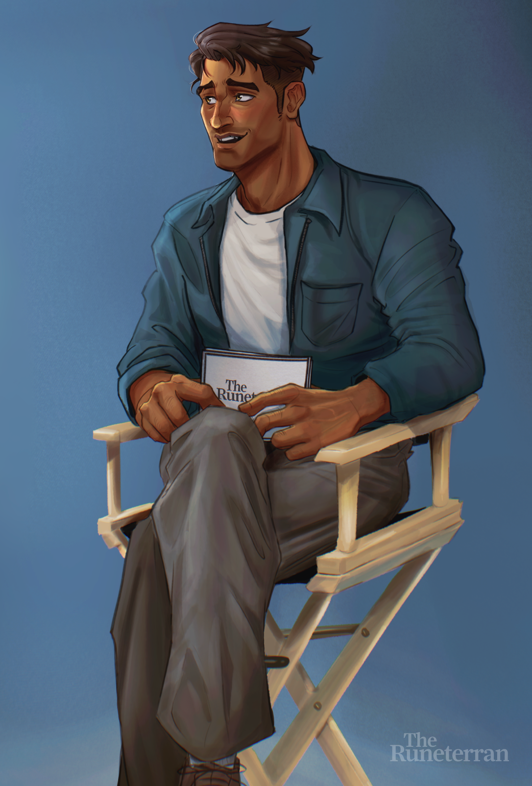 Image of Jayce Talis during an interview. He's dressed in casual clothes and sits in a director style chair. He holds cue cards branded with the Runeterran logo. He stares at someone off screen. He looks uncomfortable and smiles sheepishly.